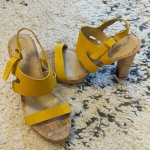 Naturalizer Yellow Suede And Cork Block Heel Sandals